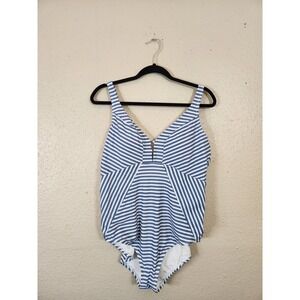 Time and Tru Striped One‎ Piece Swimsuit Tummy Control Blue White XL